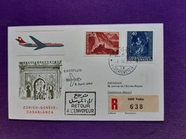 Erstflugbrief VADUZ-ZH-GE-CASABLANCA, eingeschr. vom 5.4.65
