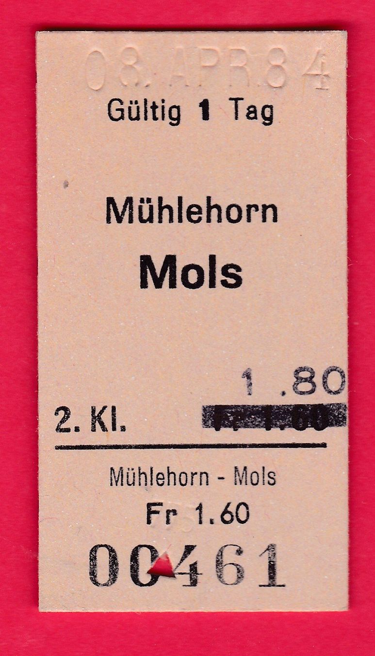 Biglietti: KARTON BILLETT, MÜHLEHORN - MOLS, 2.KLASSE, EINFACH – Usato da Oberrieden venduto da Gebirgsstelze