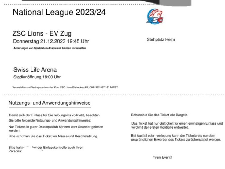 ZSC vs EV Zug, 21.12.23, Stehplatz Kaufen auf Ricardo