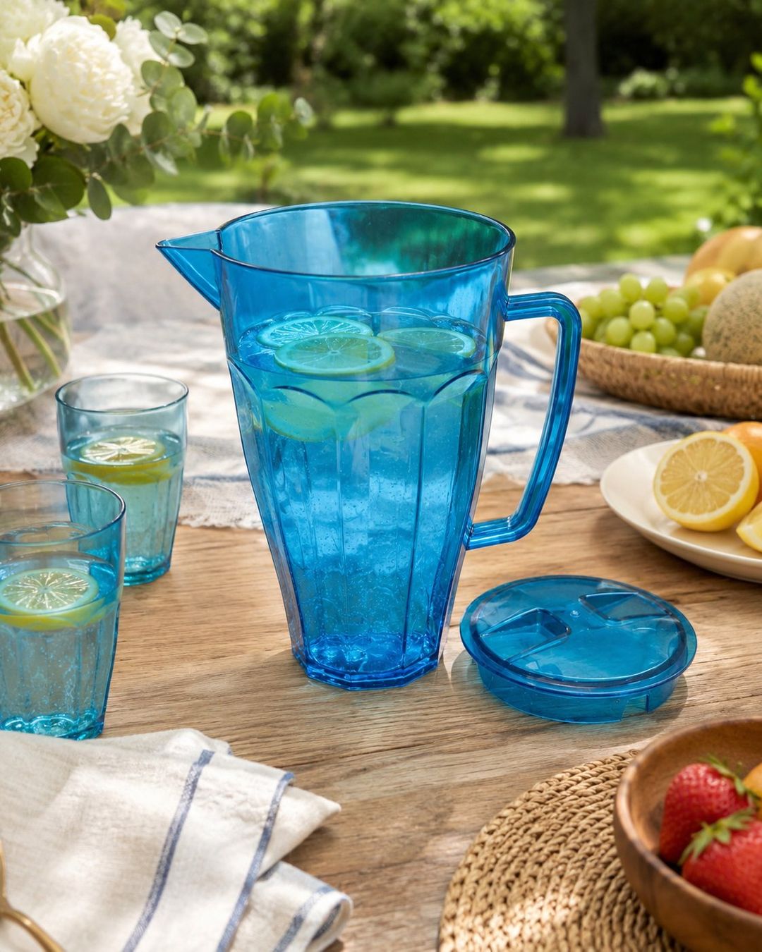 Caraffe: Blauer Wasserkrug mit Deckel – Picknick / Garten – Nuovo (secondo la descrizione) da Fully venduto da VaneaSelection