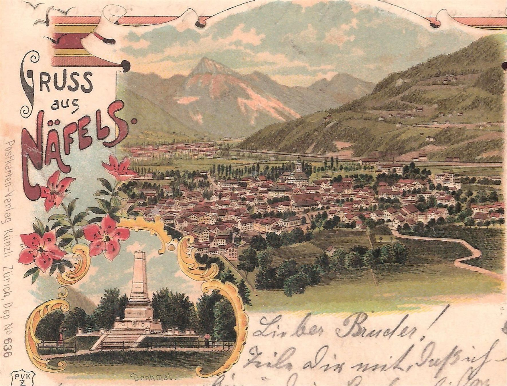 Cartoline postali: 16.7.1901 Glarner Litho 3-Bild "Gruss aus Näfels" – Usato da Zürich venduto da Hagliweg