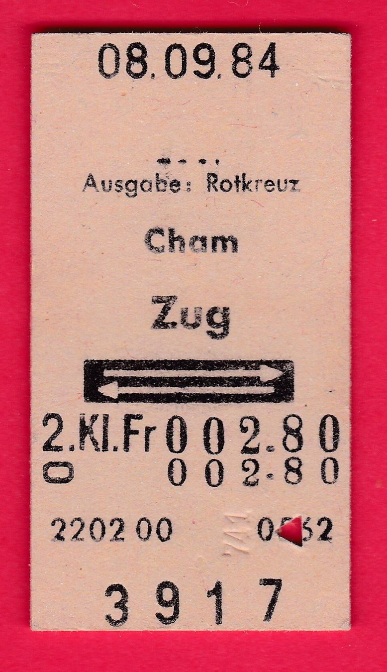 Tickets: SBB KARTONBILLETT, CHAM-ZUG, RETOUR, 2.KLASSE, 8.9.1984 – Gebraucht aus Oberrieden von Gebirgsstelze