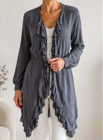 🌸 Lange Strickjacke InWear M Blau mit Volants 🌸