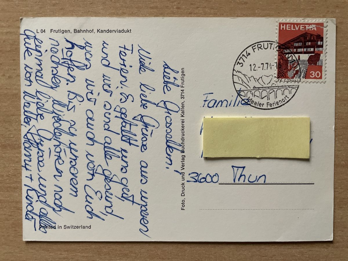 Cartoline postali: Frutigen Postkarte Bahnhof Kanderviadukt 1974, Bahn – Usato da Neuhausen am Rheinfall venduto da Arielle55 1