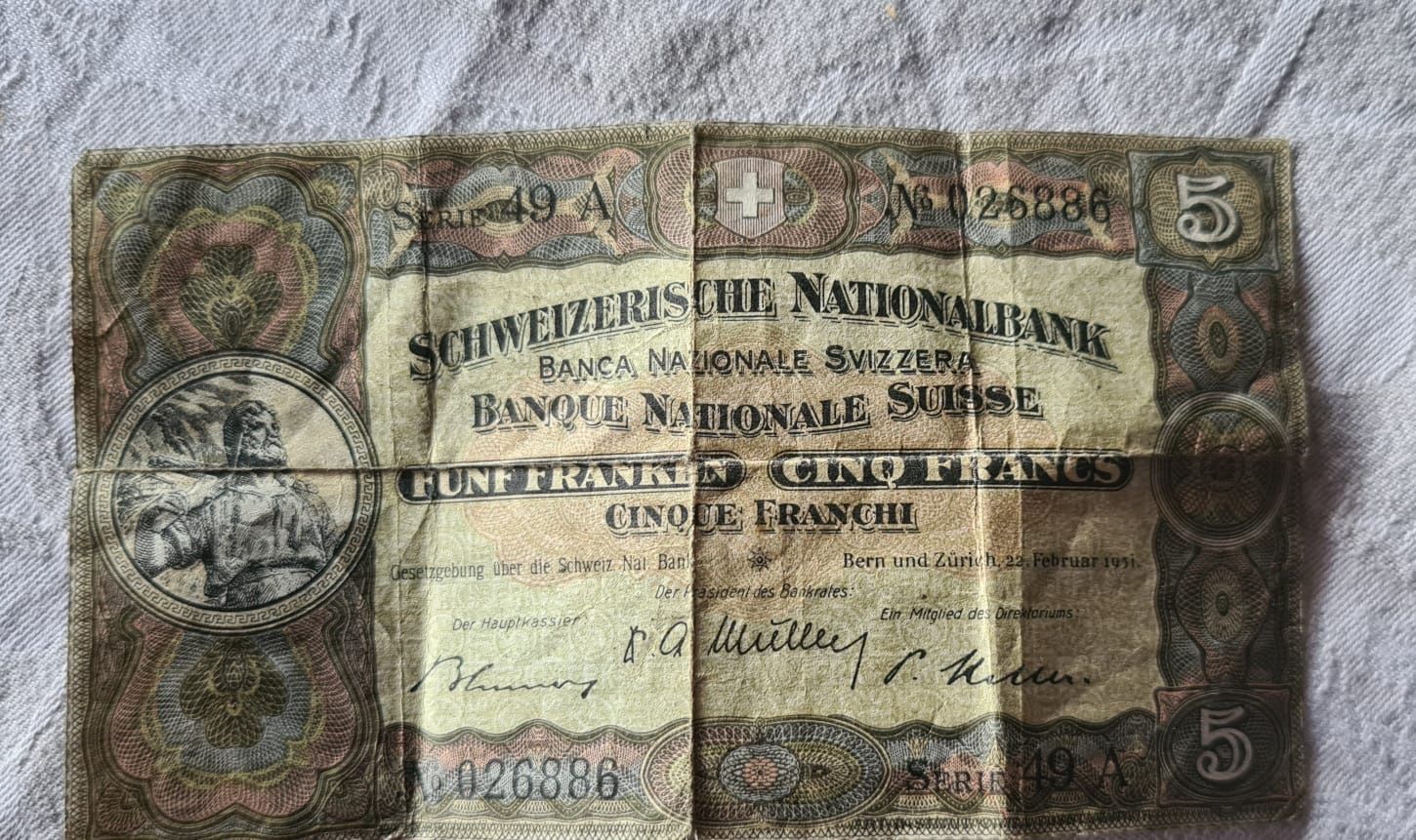 Banconote: 5 Franken Note von 1951, Serie 49A – Usato da Willerzell venduto da Eluchs 1