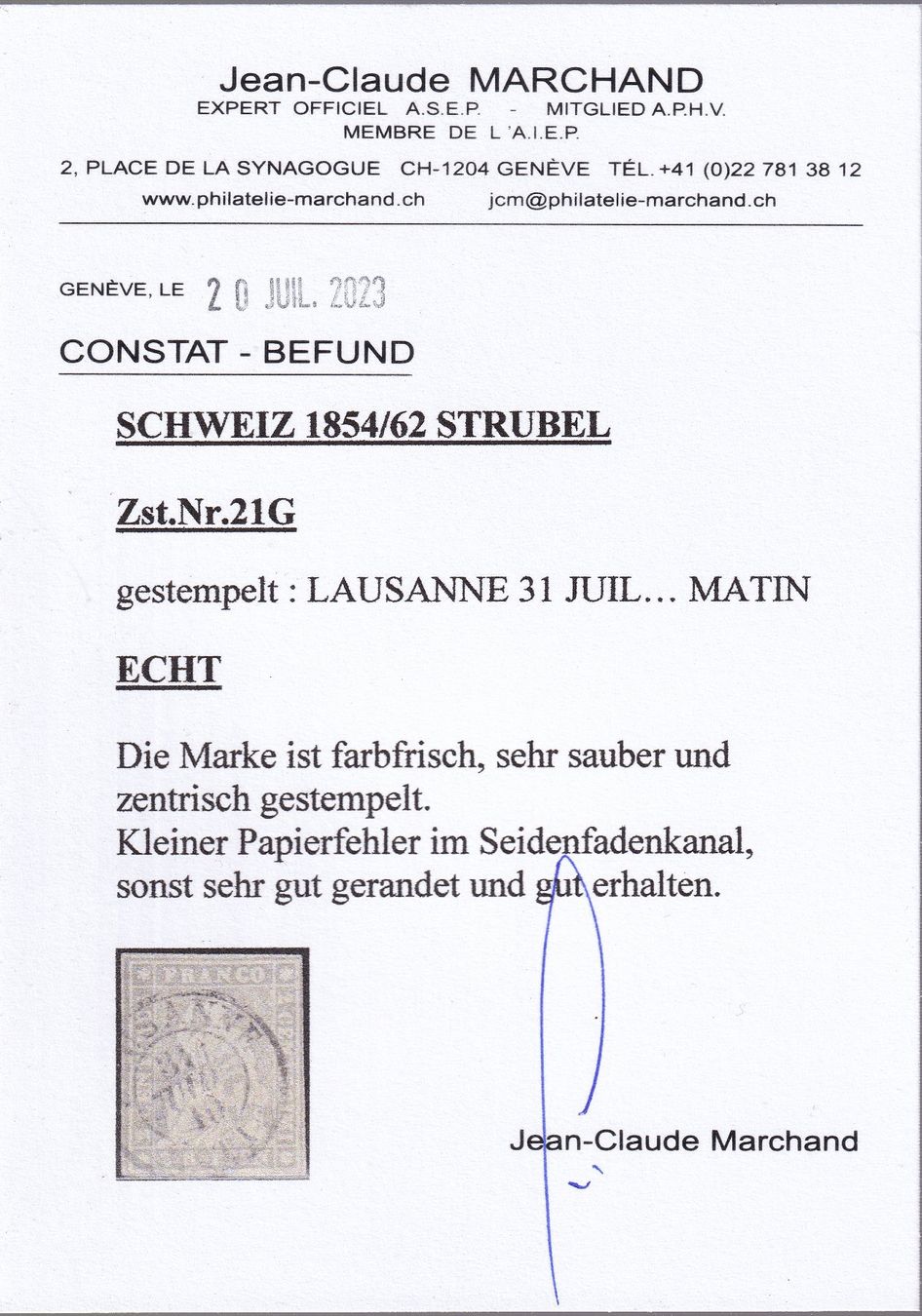 Tutti i francobolli: 1854/62 STRUBEL, Zst.Nr.21G – Usato da geneve venduto da philatelie-marchand 1
