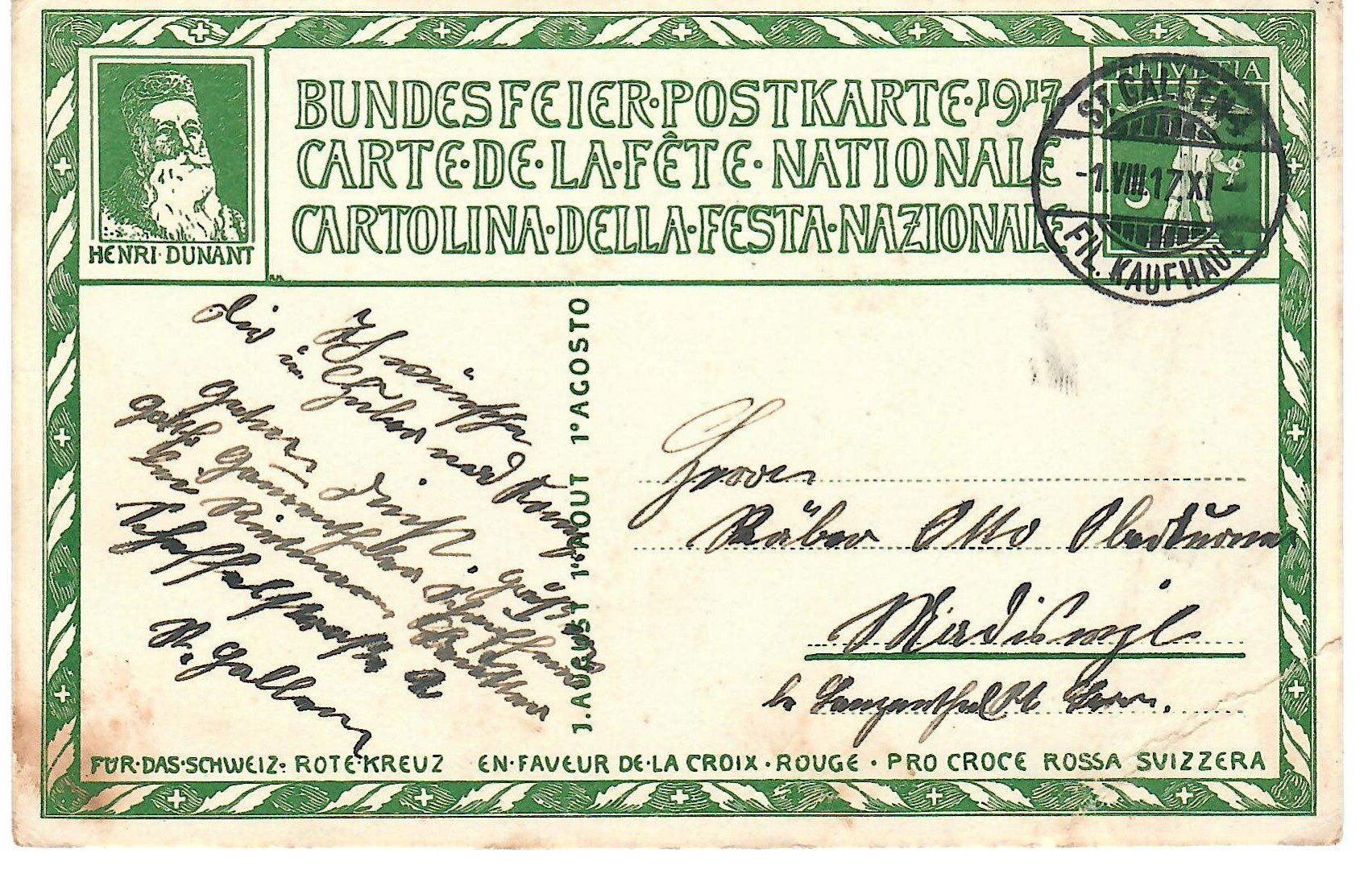 Cartoline postali: Bundesfeier - Postkarte - 1917 – Usato da Zweisimmen venduto da jakobsweg 1