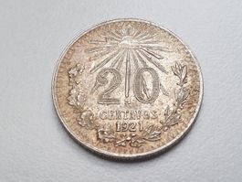 🇲🇽 Mexiko 20 Centavos 1921 Silber KM#438 ss-vz