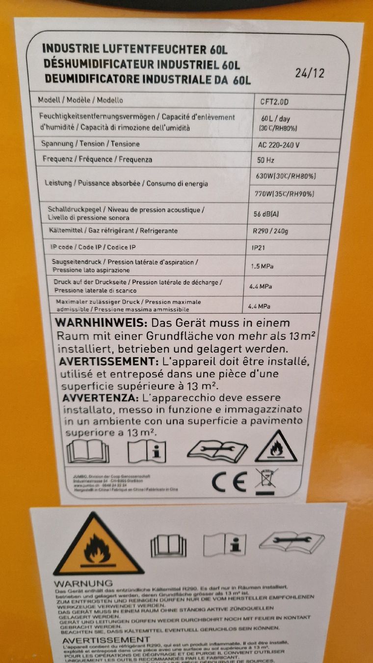 Deumidificatori: Ayce Industrie Luftentfeuchter 60 L – Usato da Sisseln AG venduto da Andreas.Wa 3