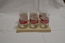 6 Coca-Cola Gläser im Holzträger, Vintage Style, Topzustand