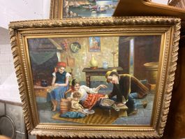 Tableau vintage avec scène de famille dans un cadre doré