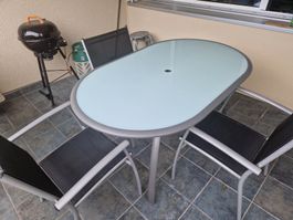 Glas-Alu Gartentisch und 3 Stühle
