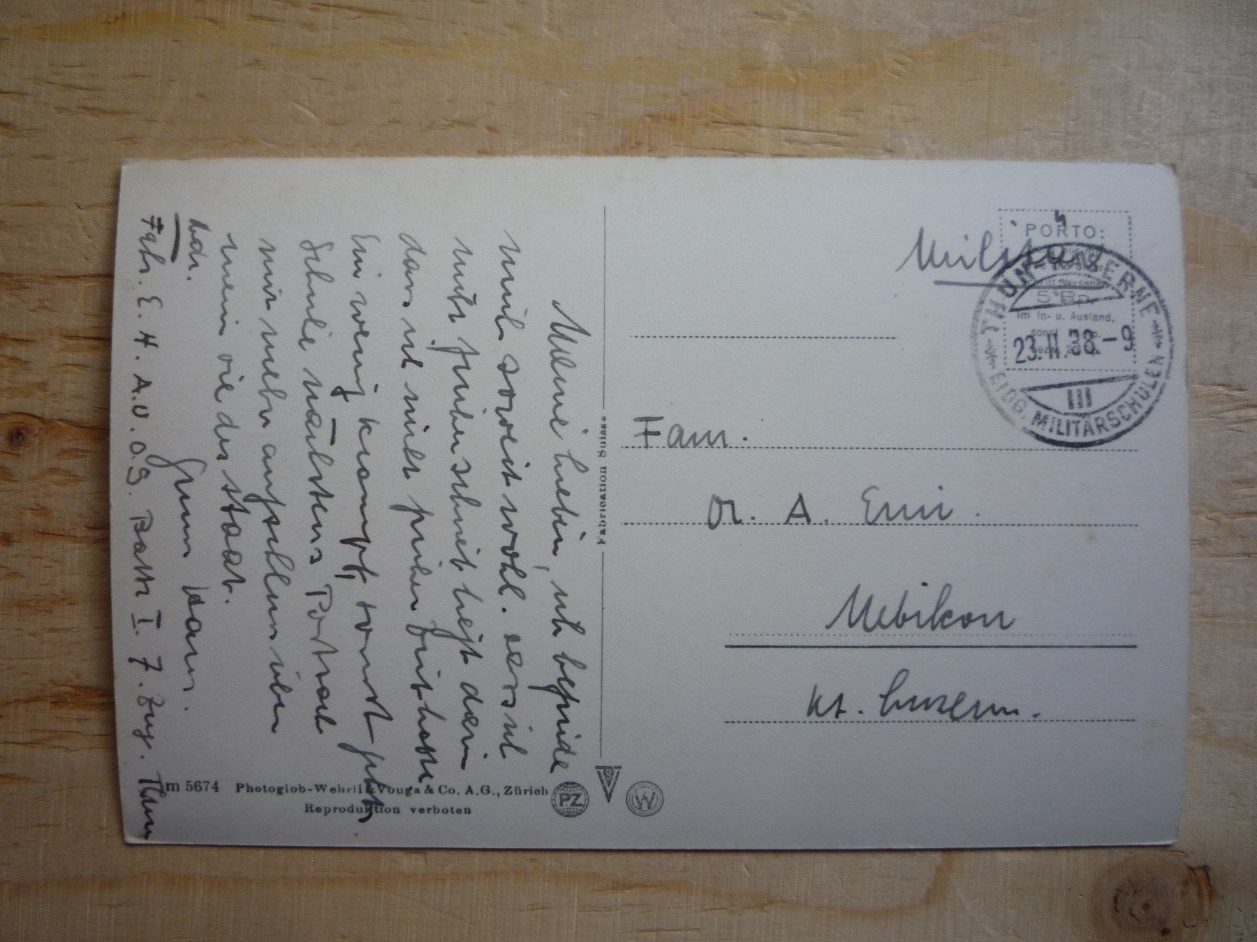 Cartoline postali: Thun. Die Kaserne, 23.II.38 – Usato da Rieden SG venduto da Brockehuesli 1