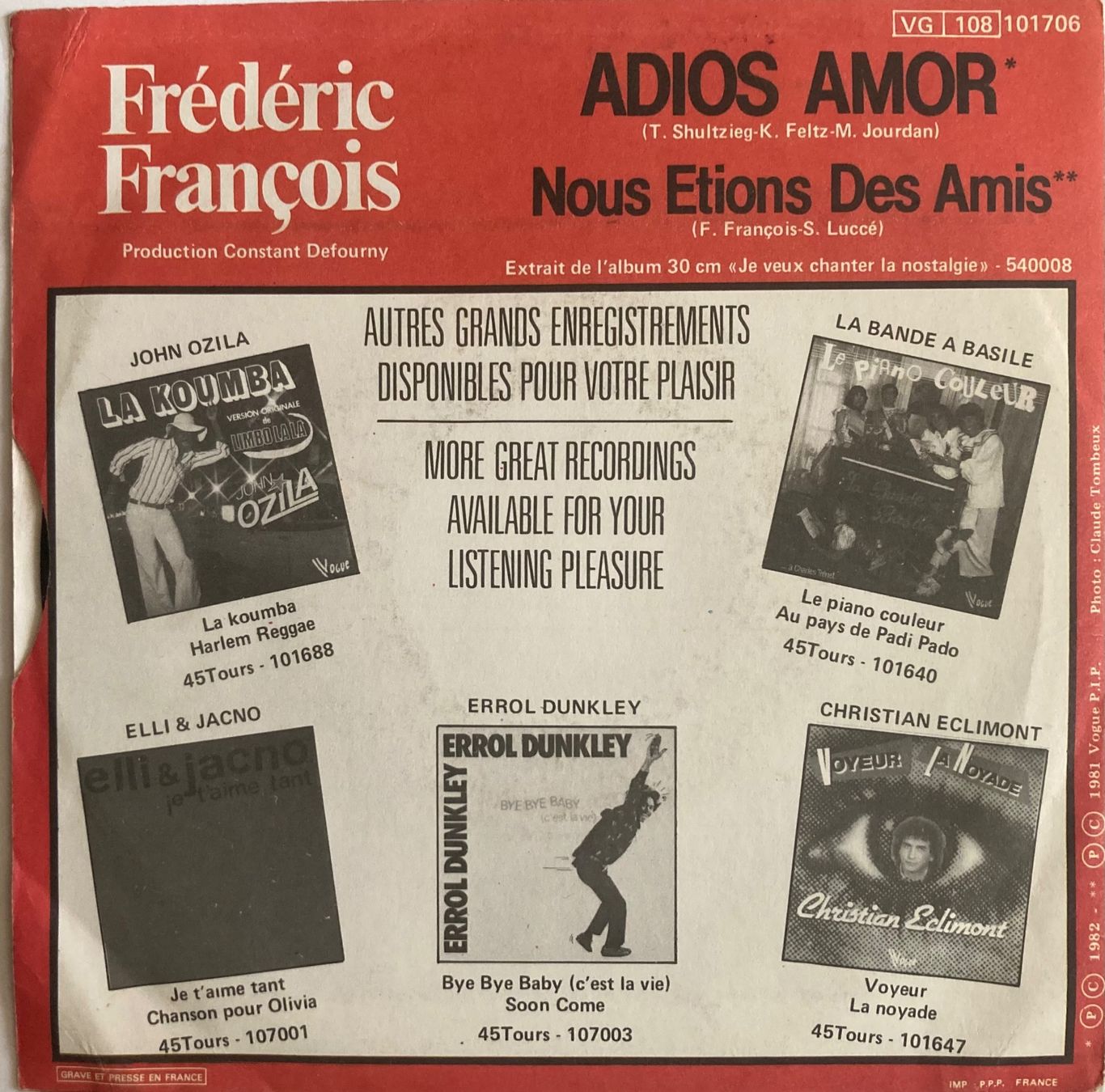 Dischi in vinile: FRÉDÉRIC FRANÇOIS - ADIOS AMOR – Usato da Poliez-Pittet venduto da Newtown-Records 1