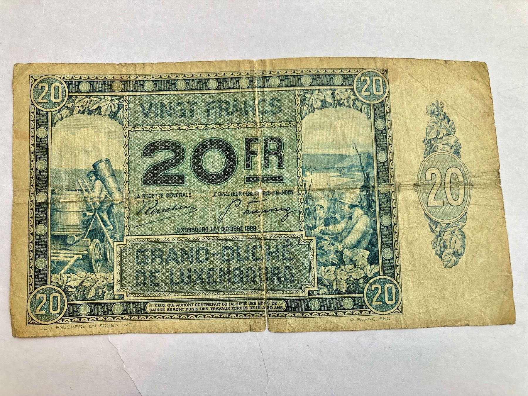 Banconote: Luxembourg 20 francs 1929 – Usato da schlieren venduto da Retton 1