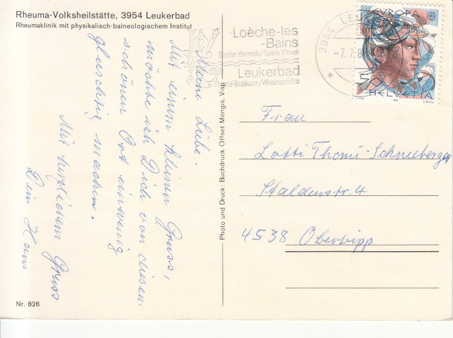 Cartoline postali: Leukerbad Rheuma-Volksheilstätte 1986 – Usato da Bürglen TG venduto da StampGraf 1