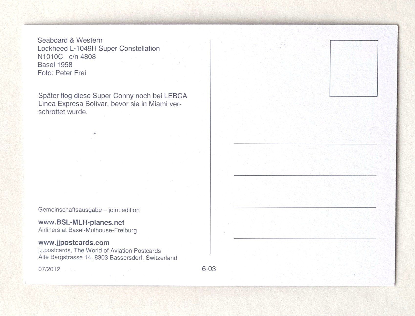 Cartoline postali: Basel - Airport - Lockheed Seaboard & Western 1958 – Usato da Rothrist venduto da RROENK 1