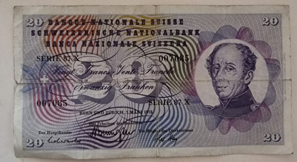 Schweizer 20 Franken Note, 1973, Serie 87X (Gebraucht) in Bellmund für ...
