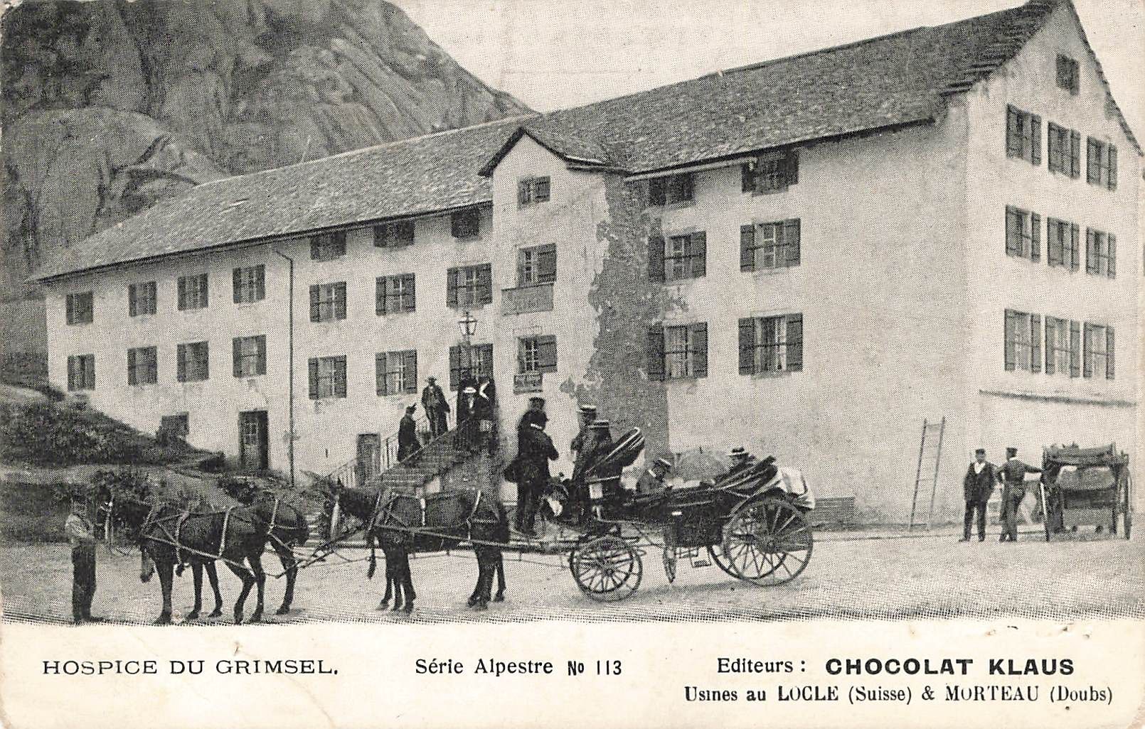 Cartoline postali: Grimselpass Ansicht Alpenhospizes Kutschen chocolat Kutsche – Usato da Biasca venduto da Blenio71