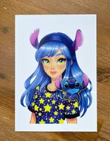A5 Druck Art Print von Handgemalte Madchen Girl und Stitch