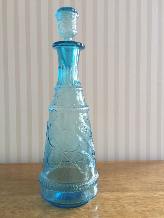 Grande Carafe Ancienne En Verre Bleu - H34cm - Bouteille Vintage - Déco Rétro