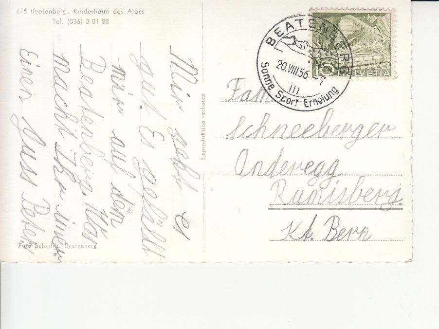 Cartoline postali: Beatenberg Ferienheim des Alpes 1956 – Usato da Bürglen TG venduto da StampGraf 1