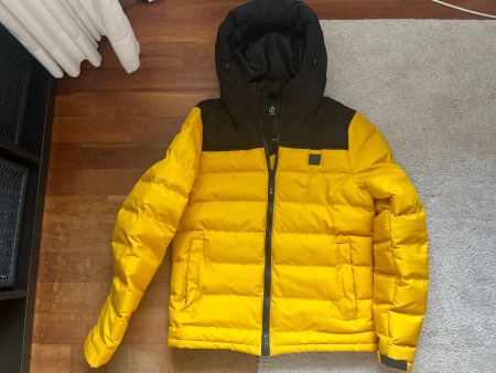 schöne gelb-schwarze Indigo Daunenjacke Gr. M