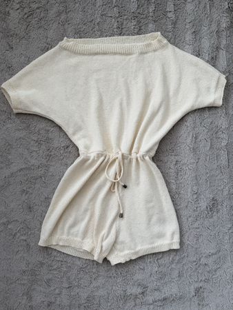 Cream Knit Romper Size S Drawstring Waist Short Sleeve