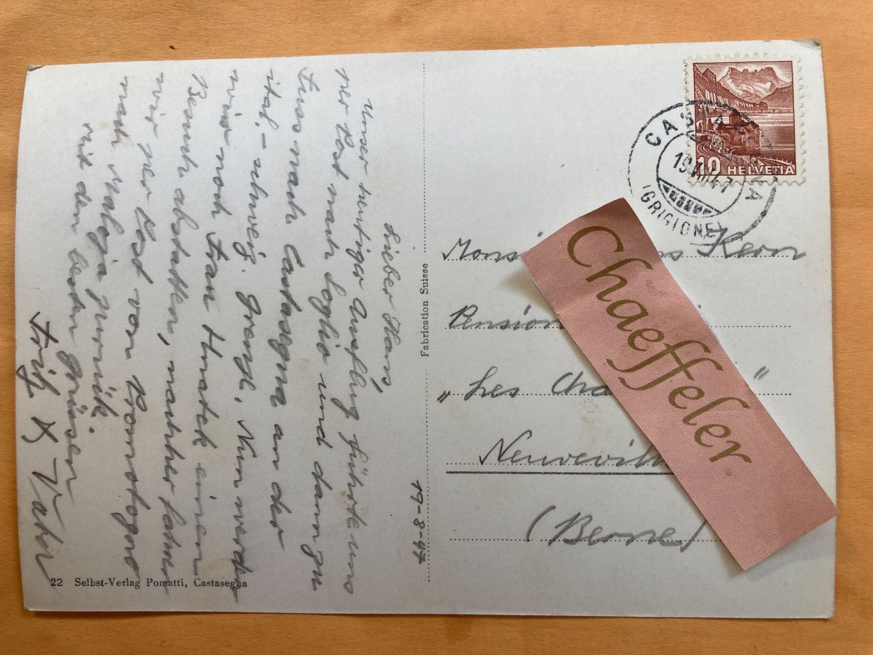 Cartoline postali: 1947 Castasegna  ( Bergell ) – Usato da Zürich venduto da Chaeffeler 1