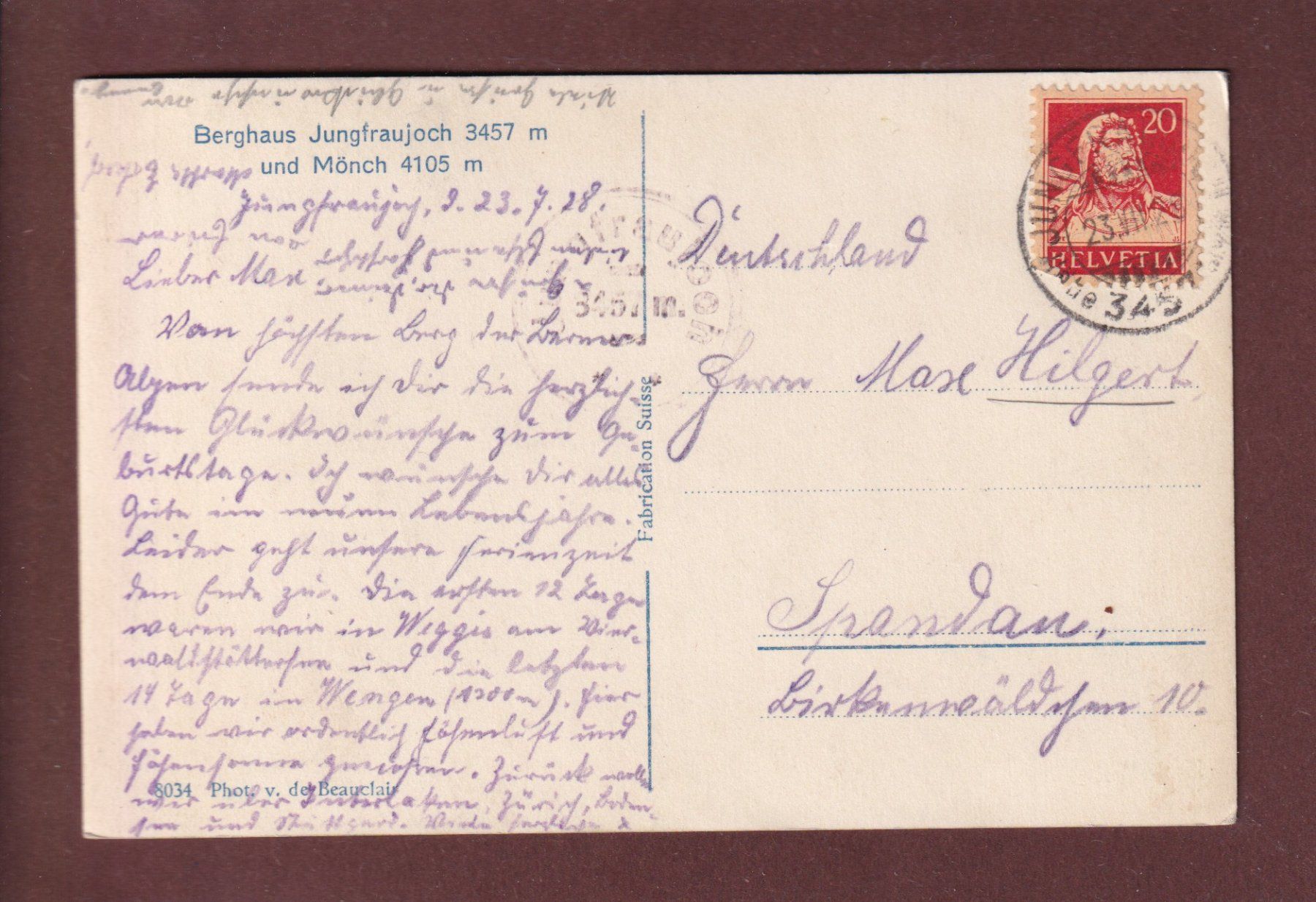 Cartoline postali: Berghaus JUNGFRAUJOCH - Mönch - 1928 – Usato da Pully venduto da nicecards 1