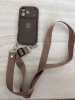 iPhone17 Pro case with strap, brown & heart detail