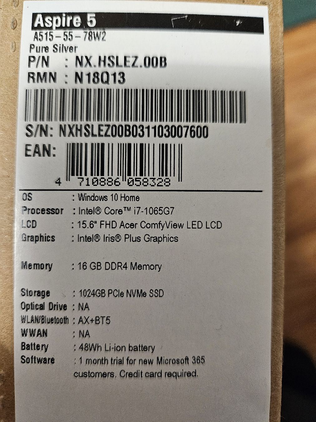 Acer Notebook: Acer A515-55-78W2 Laptop – Usato da Horgen venduto da Modena0 2