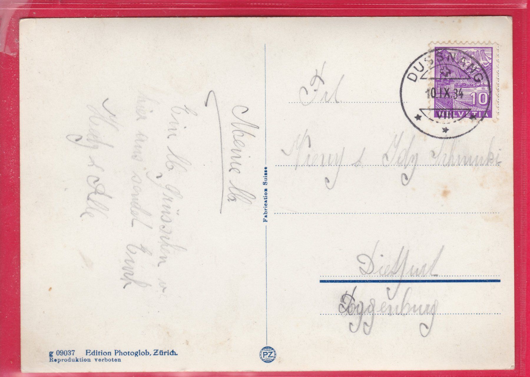 Cartoline postali: DUSSNANG, 10.9.1934 – Usato da Oberrieden venduto da Gebirgsstelze 1