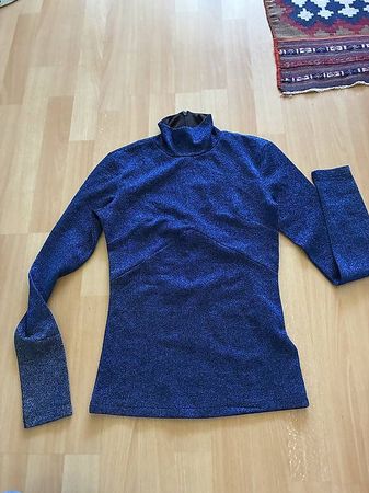 Rollkragen Glitzer Blau Shirt Langarm Top