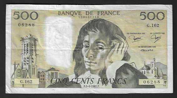 Banconote: France   -   500  Francs  1982  Gebrauvht – Usato da Gordola venduto da coinsandnotes