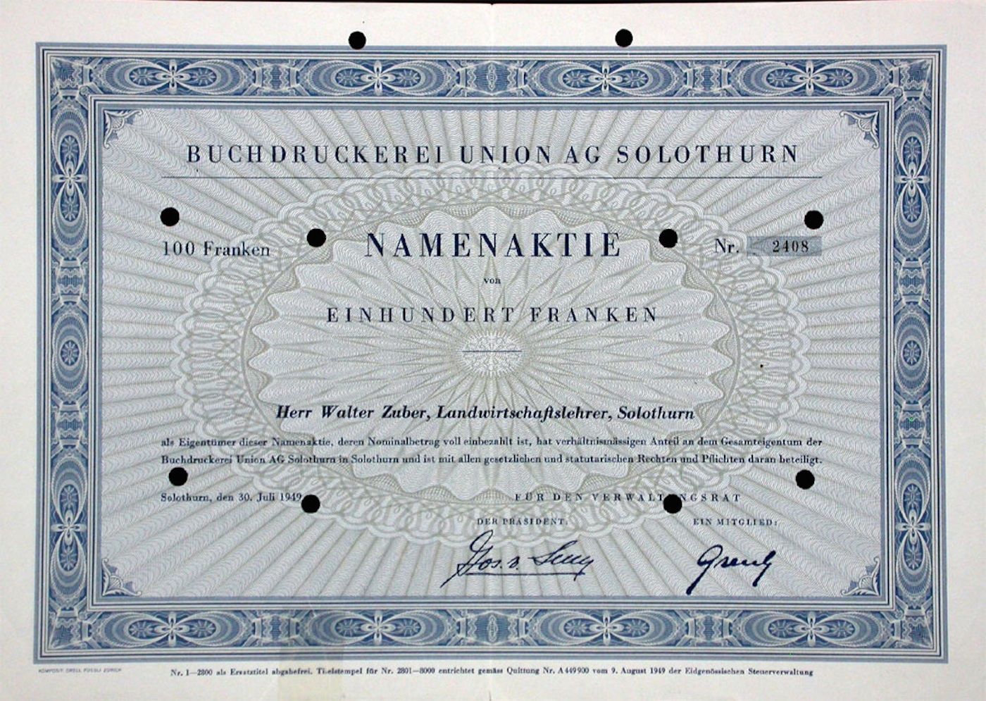 Documenti: Buchdruckerei Union AG, Solothurn - 1949 – Usato da Solothurn venduto da Sgasche