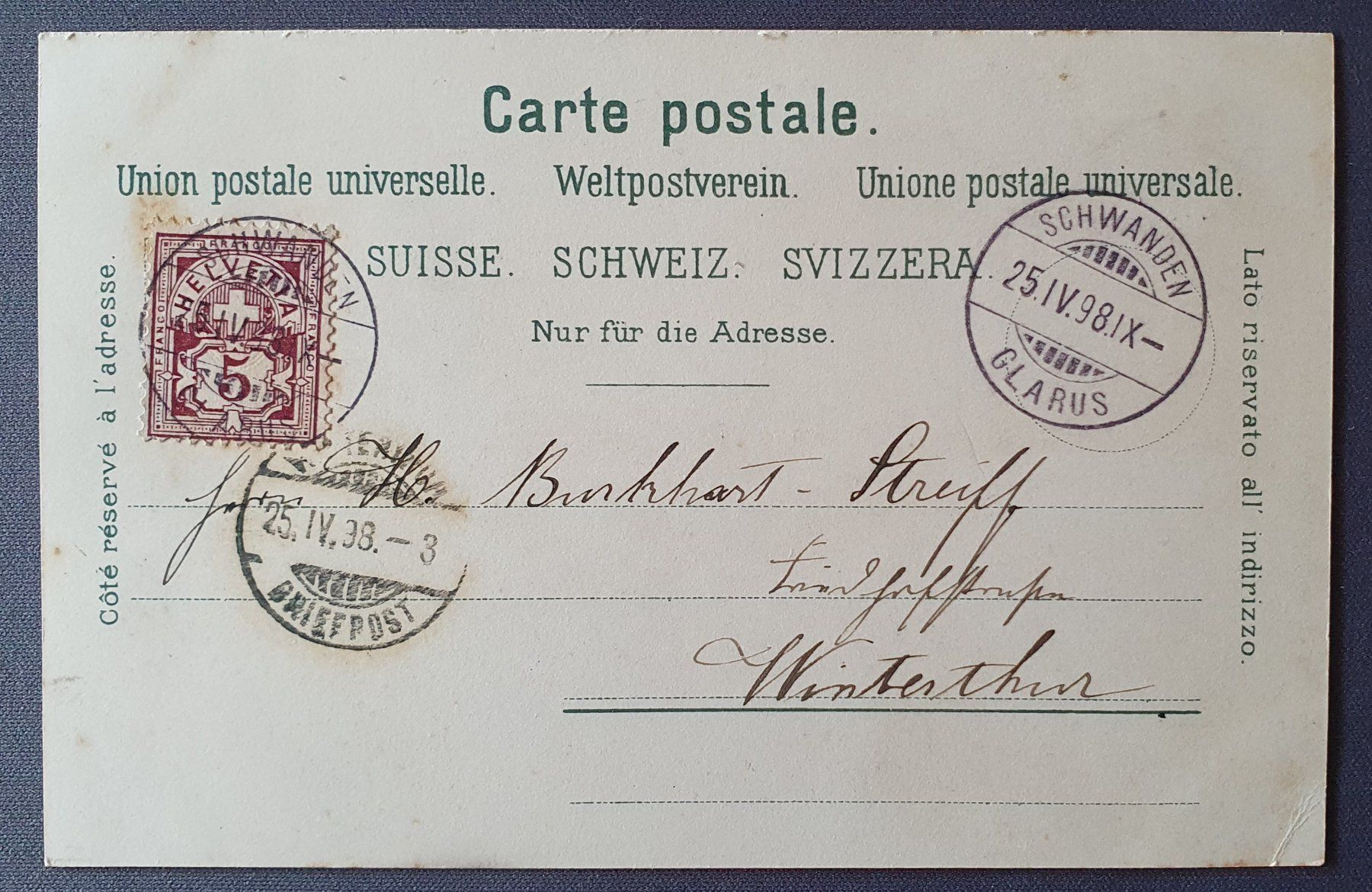 Ansichtskarten: Gruss aus Schwanden 1898 – Gebraucht aus Kreuzlingen von Rschweiz1 1