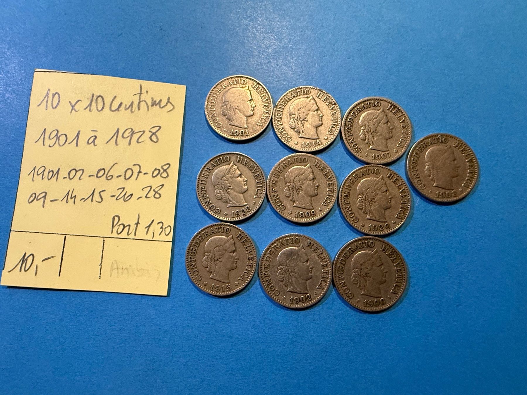 Alle Münzen: SUISSE : 10 X 10 CENTIMES 1901 à 1928 – Gebraucht aus genève von GEnumist