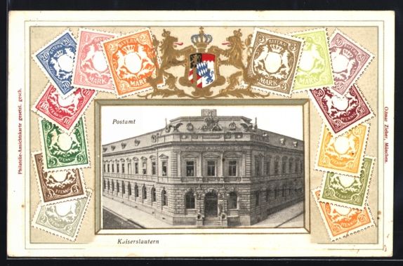 Cartoline postali: Litho Kaiserslautern, Postamt, Wappen mi – Usato da Berlin venduto da bartko-reher