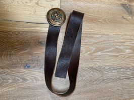 Great brown leather belt with round elaborate  buckle. M