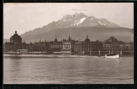 Cartoline postali: AK Luzern, Bahnhof und Post mit Pilatus – Usato da Berlin venduto da bartko-reher