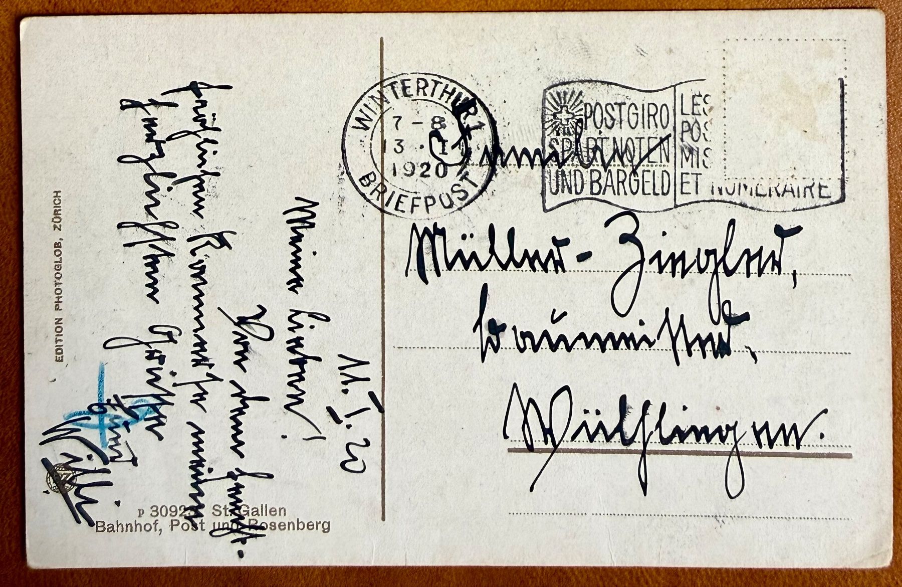 Cartoline postali: St. Gallen - Bahnof, Post und Rosenberg 1920 – Usato da Lutry venduto da Ediego 1