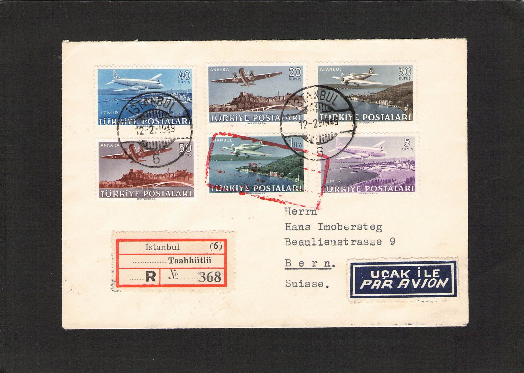 Alle Briefmarken: R Flugbrief Istanbul TR - Bern , 12.2.1949 – Gebraucht aus Reichenburg von Pipo-67