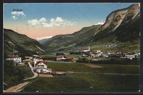 Cartoline postali: AK Andeer, Ortsansicht mit Bergpanorama – Usato da Berlin venduto da bartko-reher