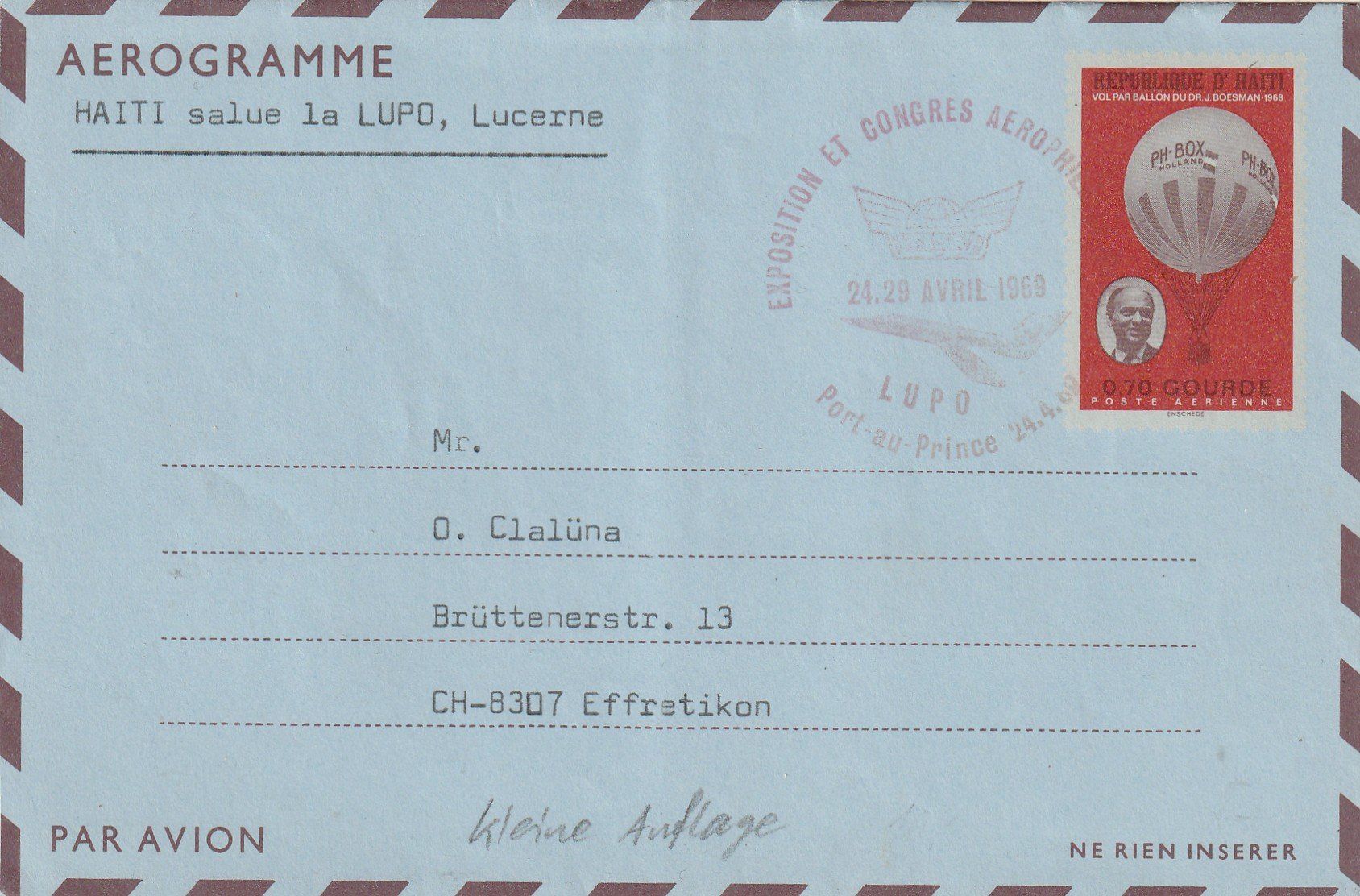 Tutti i francobolli: Haiti Ballon-Aerogramm 1969 – Usato da Rorschacherberg venduto da fratovi2