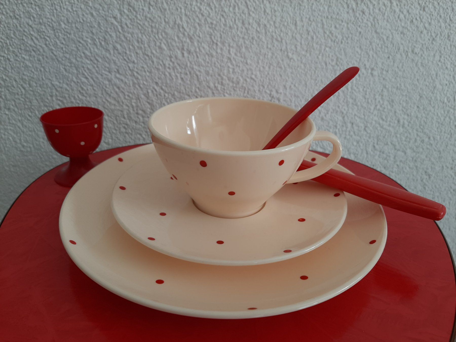 Set di piatti: 50er 60er Mid Century Tablett Gedeck Oldtimer Camping Set – Usato da Erschwil venduto da Karabella 1