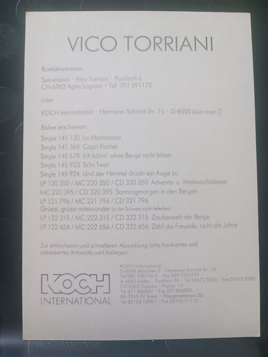 Autogramme: Vico Torriani - handsignierte Autogrammkarte – Gebraucht aus Menziken von Artographs 1
