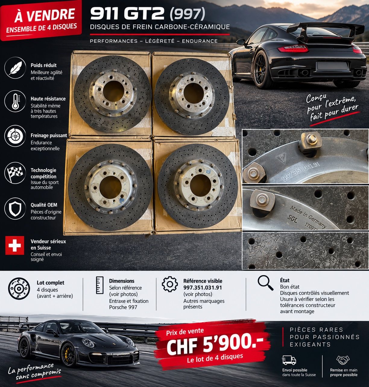 Porsche Tutti pezzi di ricambio auto: 4 Disques en céramique Porsche Gen. 997 – Usato da Neuchâtel venduto da CP-AUTOS