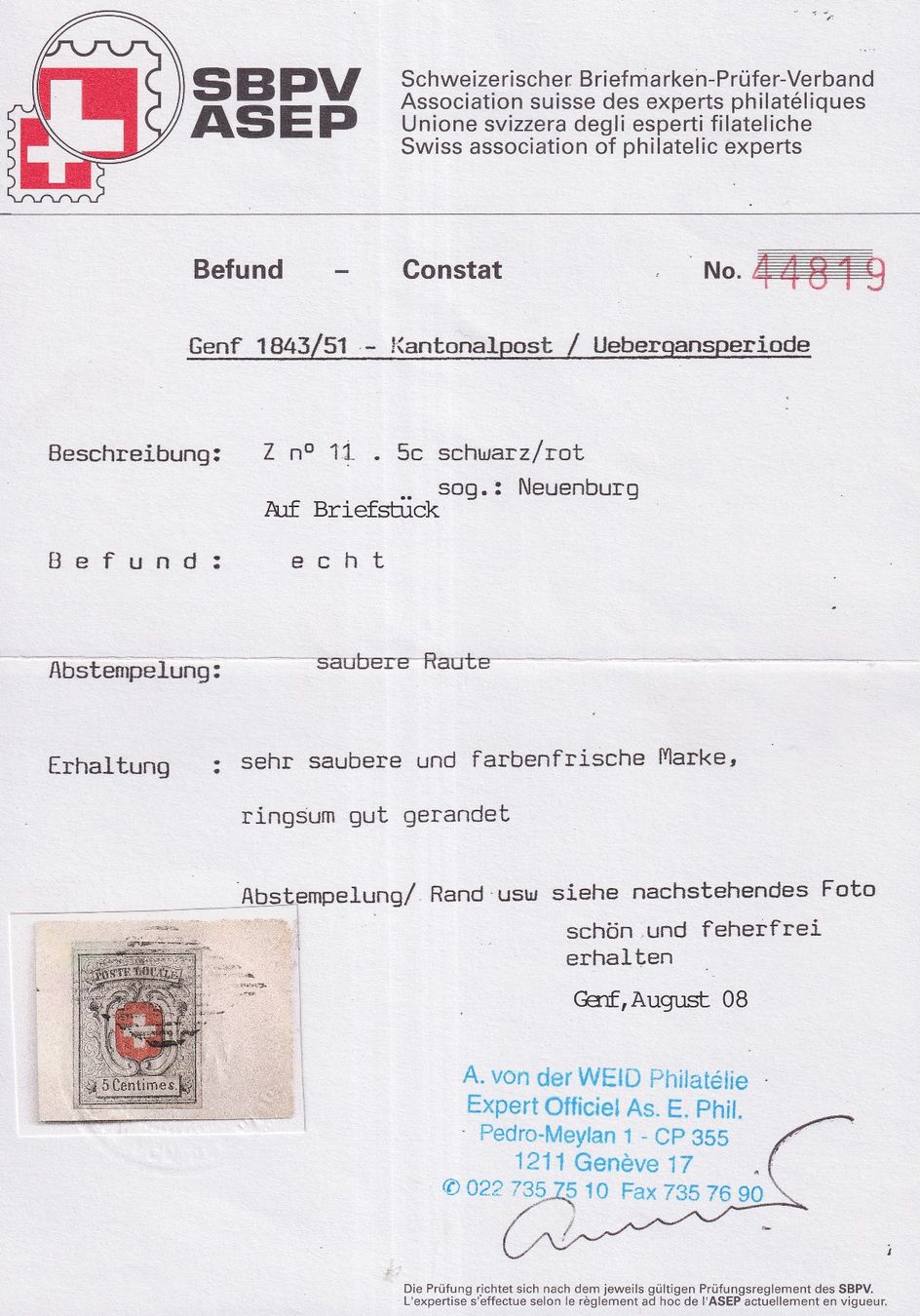 Tutti i francobolli: NEUENBURG, Nr.11 mit breitem BOGENRAND, 6000.-+ Atteste - R! – Usato da Sursee venduto da Luzernerraute 4