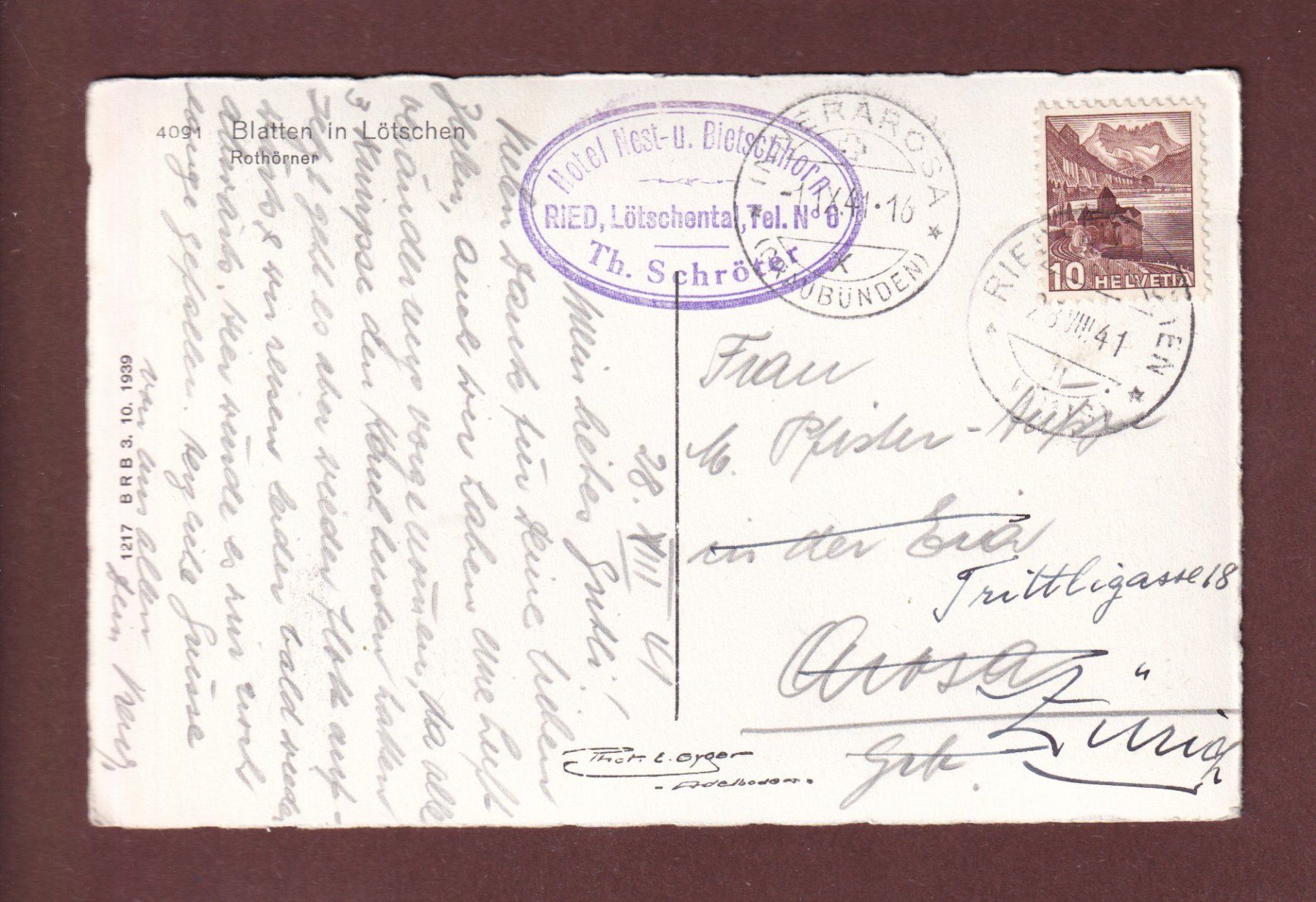 Cartoline postali: BLATTEN in Lötschen - Rothörner - 1941 – Usato da Pully venduto da nicecards-shop 1
